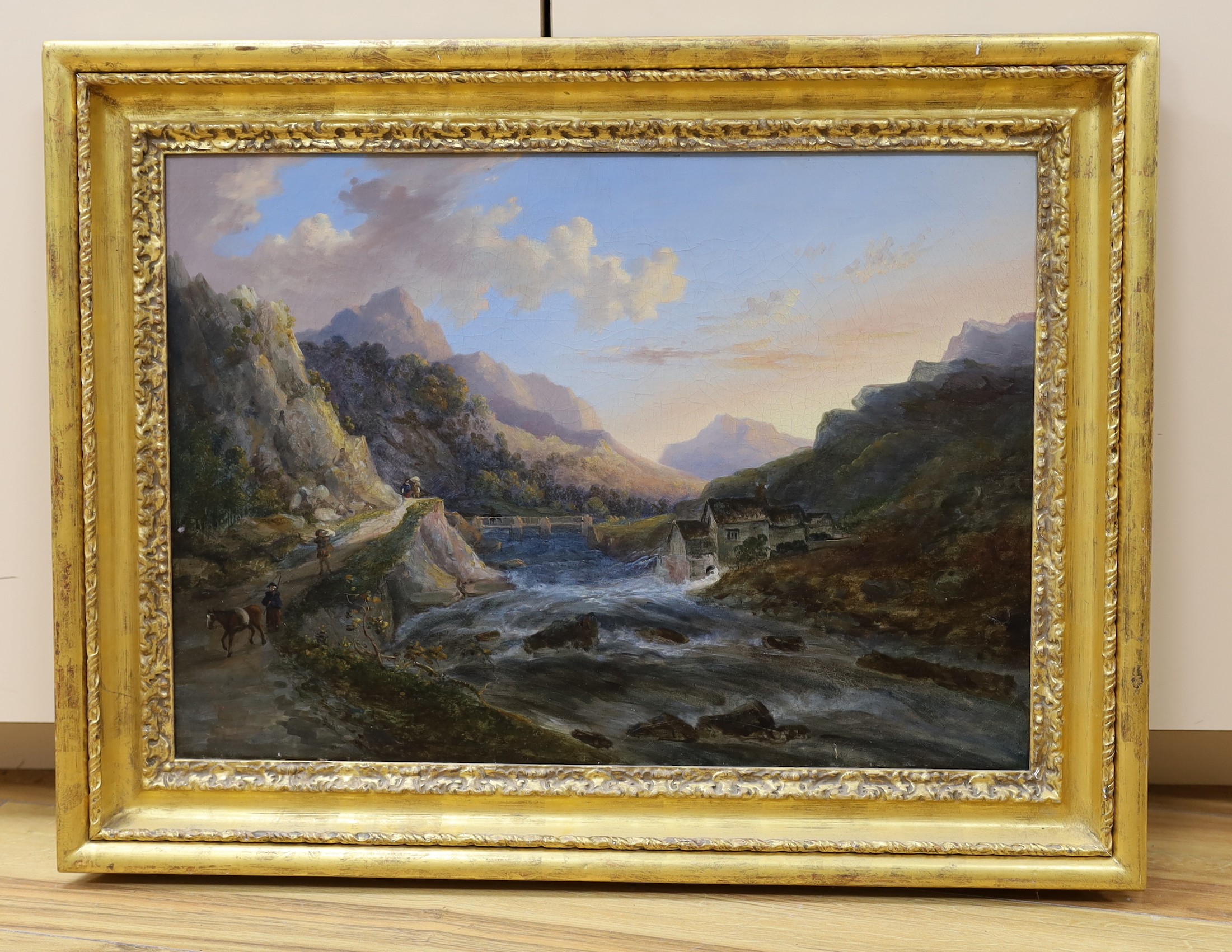 19th century English School, oil on canvas, Travellers alongside a mountain stream, 35 x 49cm